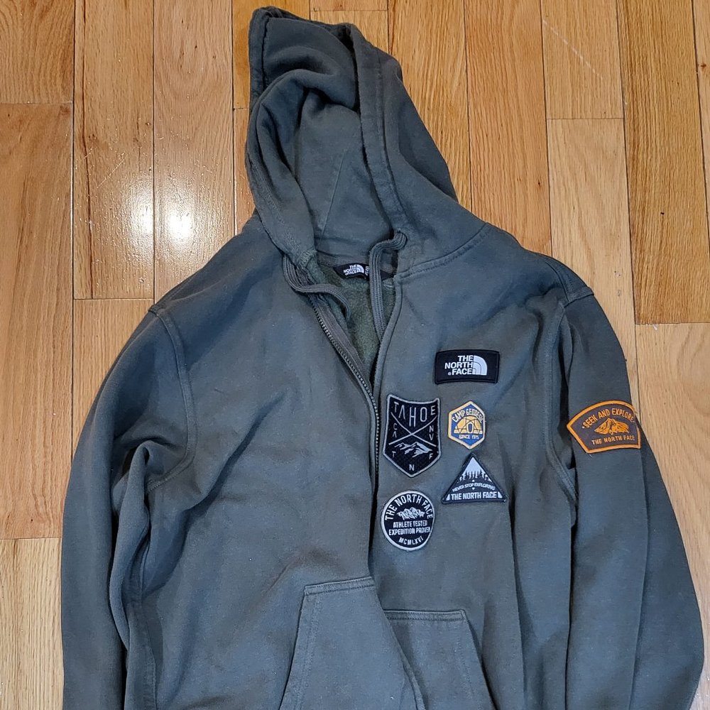 North Face Zip Hoodie Army Green with Patches